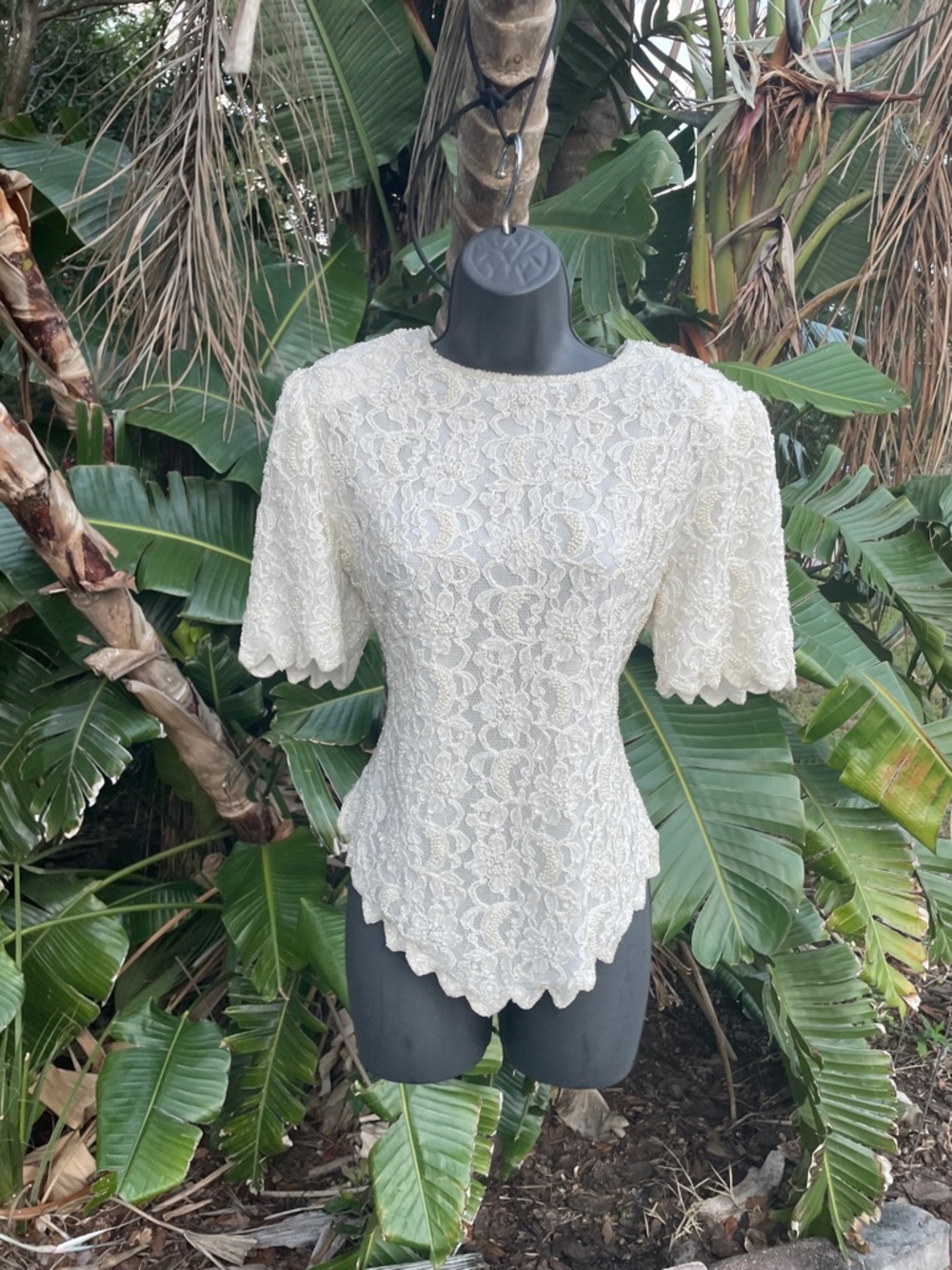 vintage 80s lace and , pearl beaded peplum top